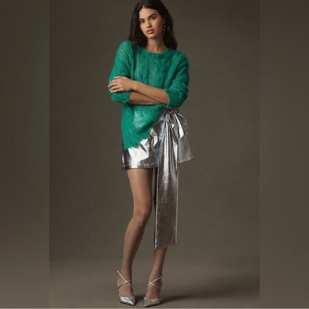 New Anthropologie The Posey Stitchy Distressed Wool Sweater- Green
